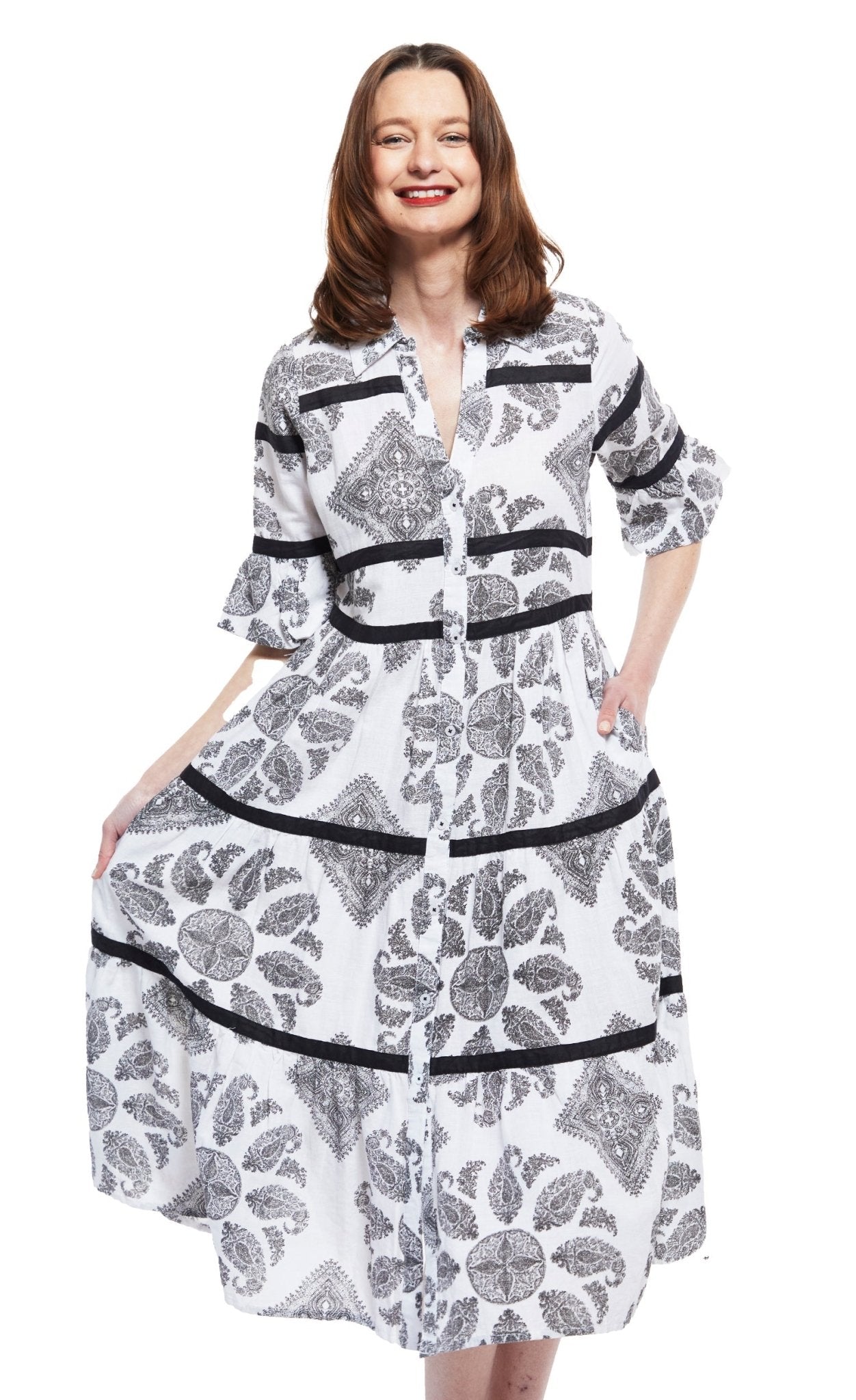 Miami Style Midi With Flounce And Black Ribbons Black White Paisley - DIZZY LIZZIE - Banebrook Collections