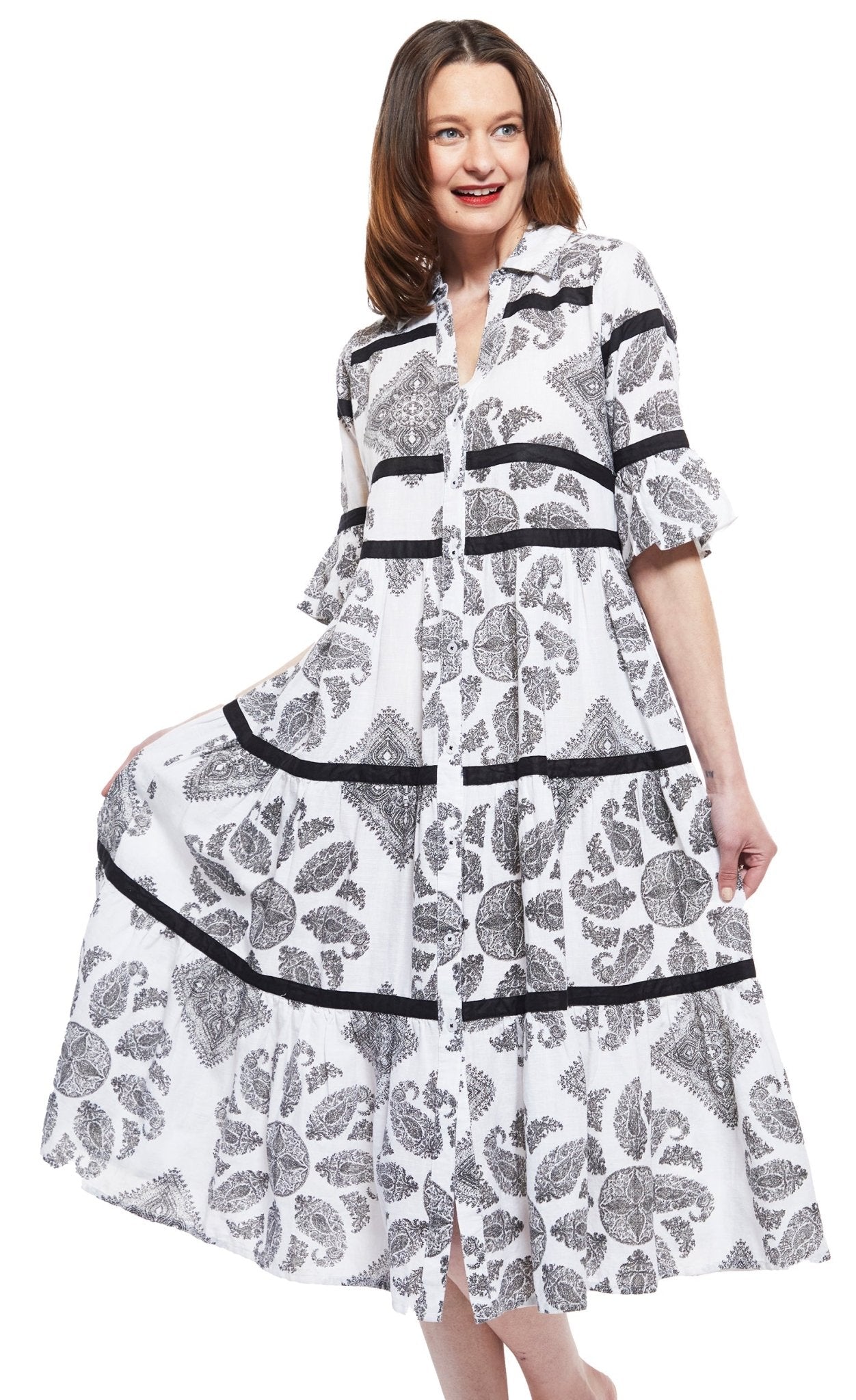 Miami Style Midi With Flounce And Black Ribbons Black White Paisley - DIZZY LIZZIE - Banebrook Collections