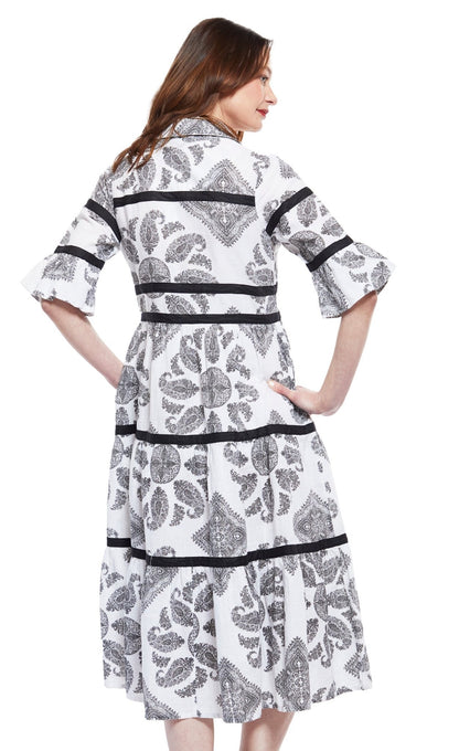 Miami Style Midi With Flounce And Black Ribbons Black White Paisley - DIZZY LIZZIE - Banebrook Collections