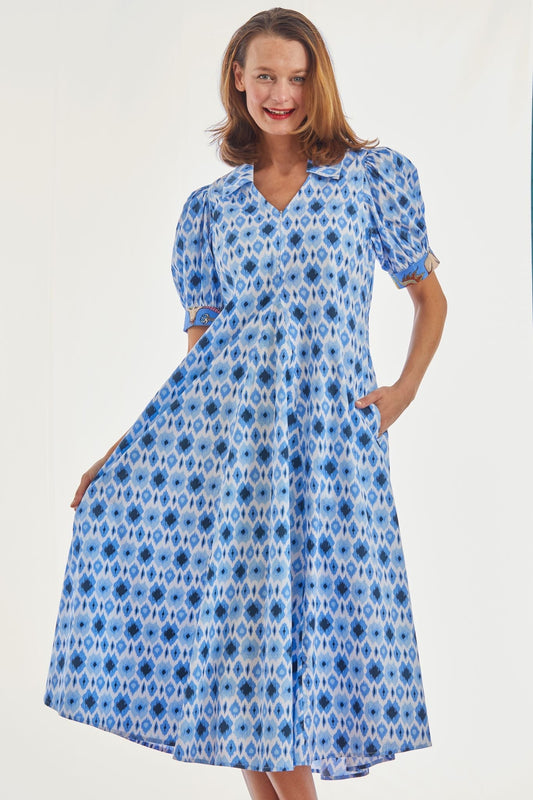 Montauk Dress Blue Ikat Print - DIZZY LIZZIE - Banebrook Collections