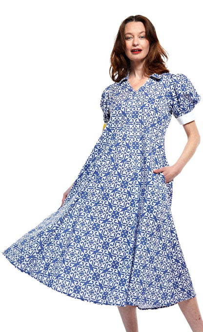 Montauk Dress In Blue With White Geometric Pattern - DIZZY LIZZIE - Banebrook Collections