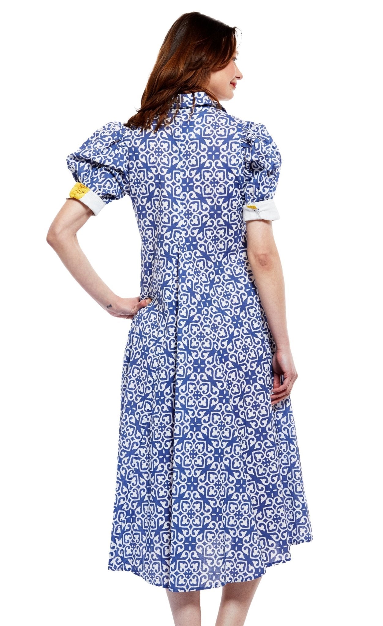 Montauk Dress In Blue With White Geometric Pattern - DIZZY LIZZIE - Banebrook Collections