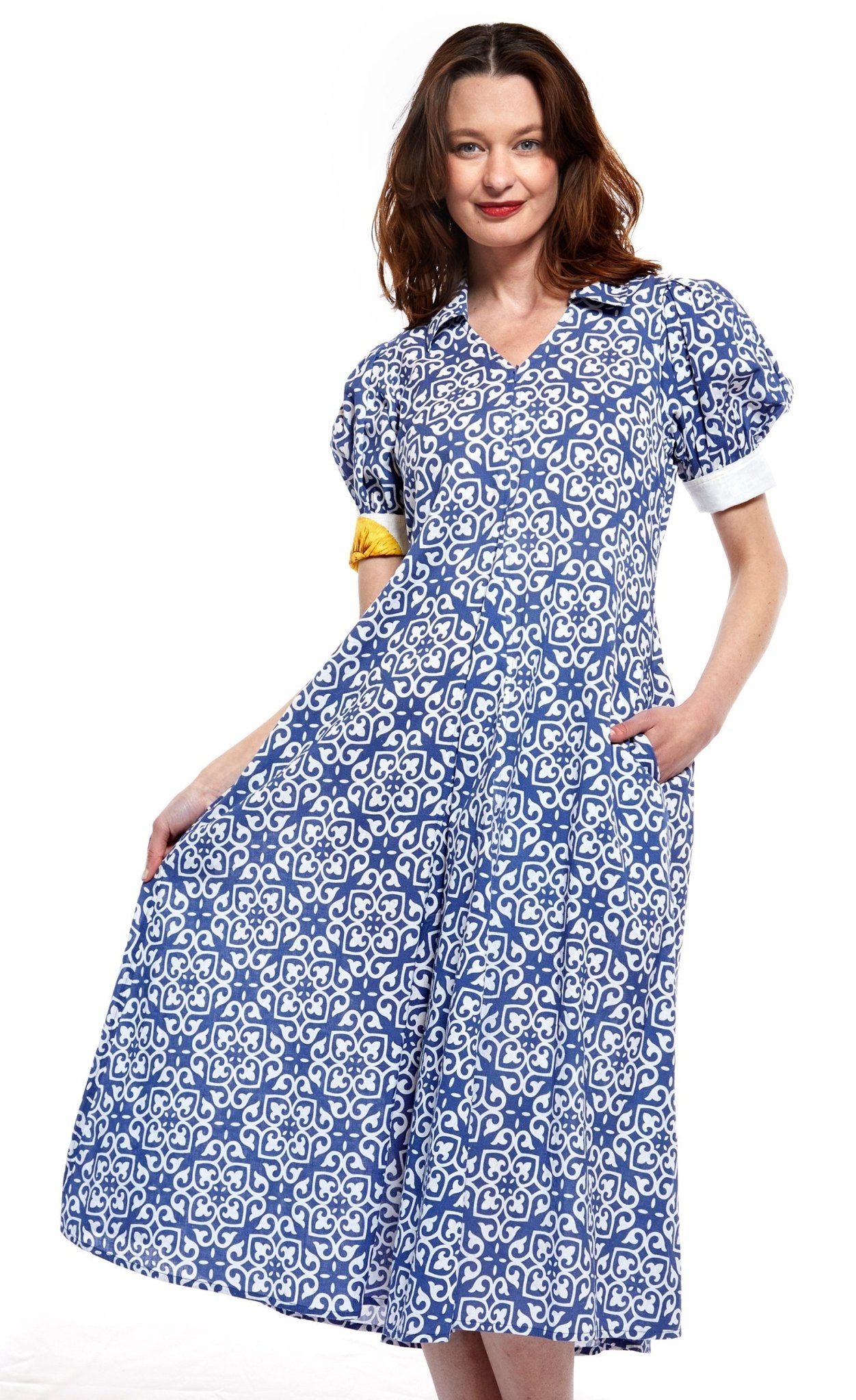 Montauk Dress In Blue With White Geometric Pattern - DIZZY LIZZIE - Banebrook Collections