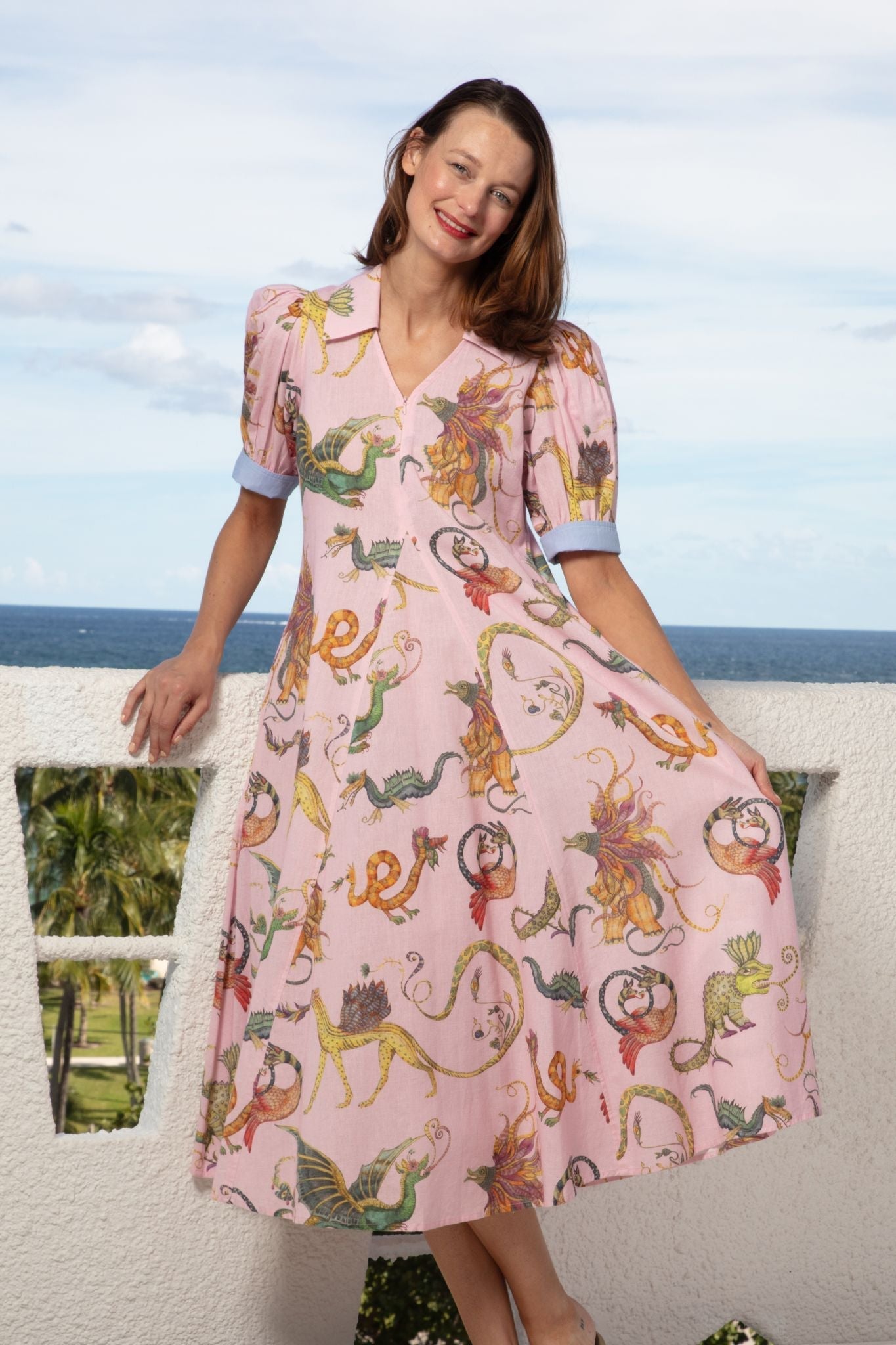 Montauk Dress Mythical Creatures Pink Ground - DIZZY LIZZIE - Banebrook Collections