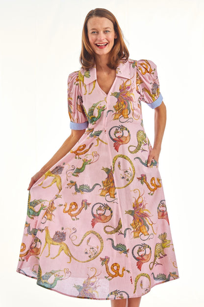 Montauk Dress Mythical Creatures Pink Ground - DIZZY LIZZIE - Banebrook Collections