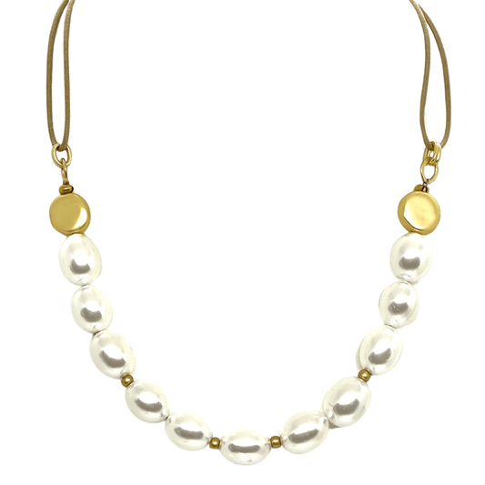 Mop And Flat Matte Gold Nugget Necklace On Natural Linen - DEBORAH GRIVAS - Banebrook Collections