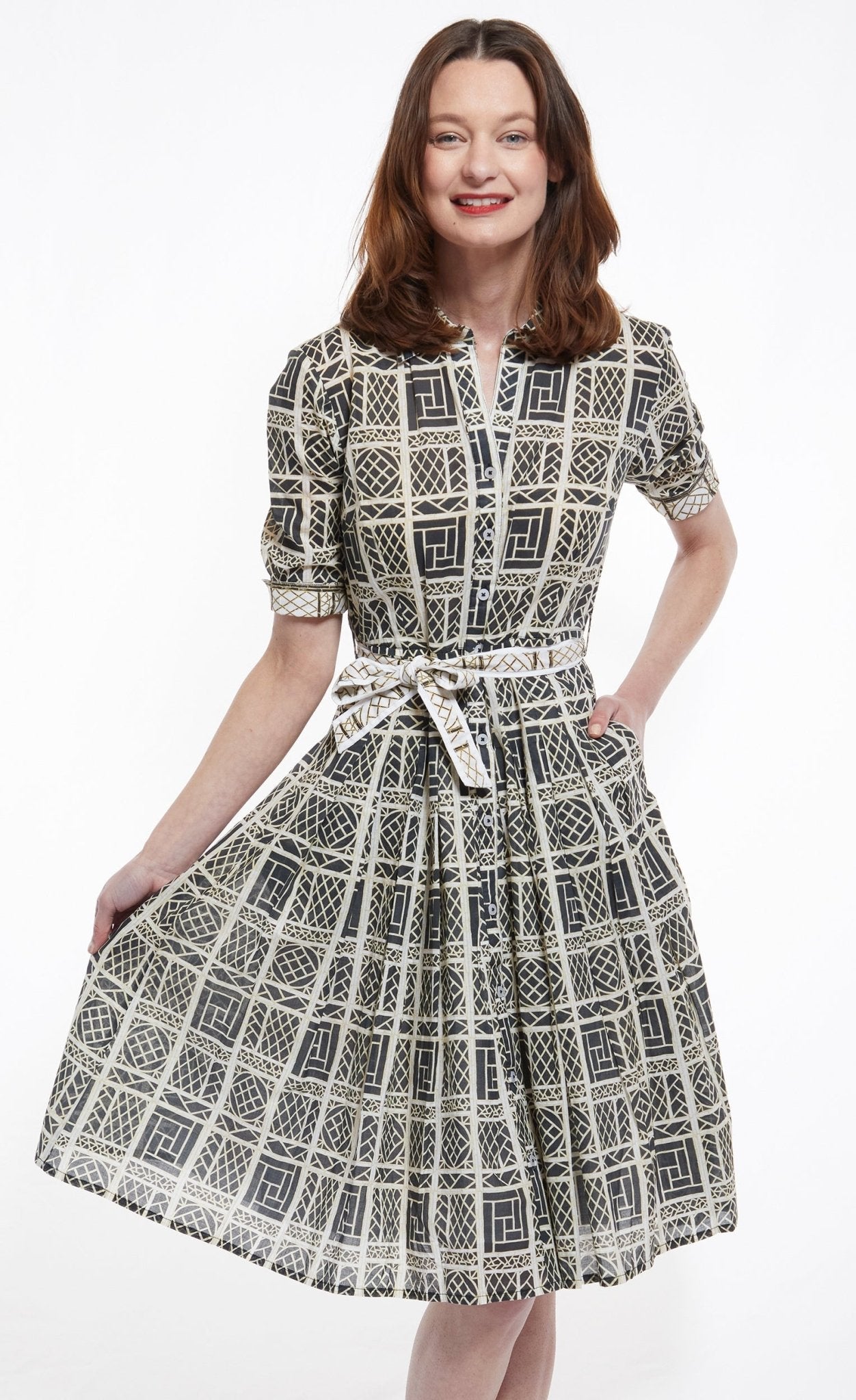 Mrs Maisel Dress In Black And Beige Wicker Print - DIZZY LIZZIE - Banebrook Collections