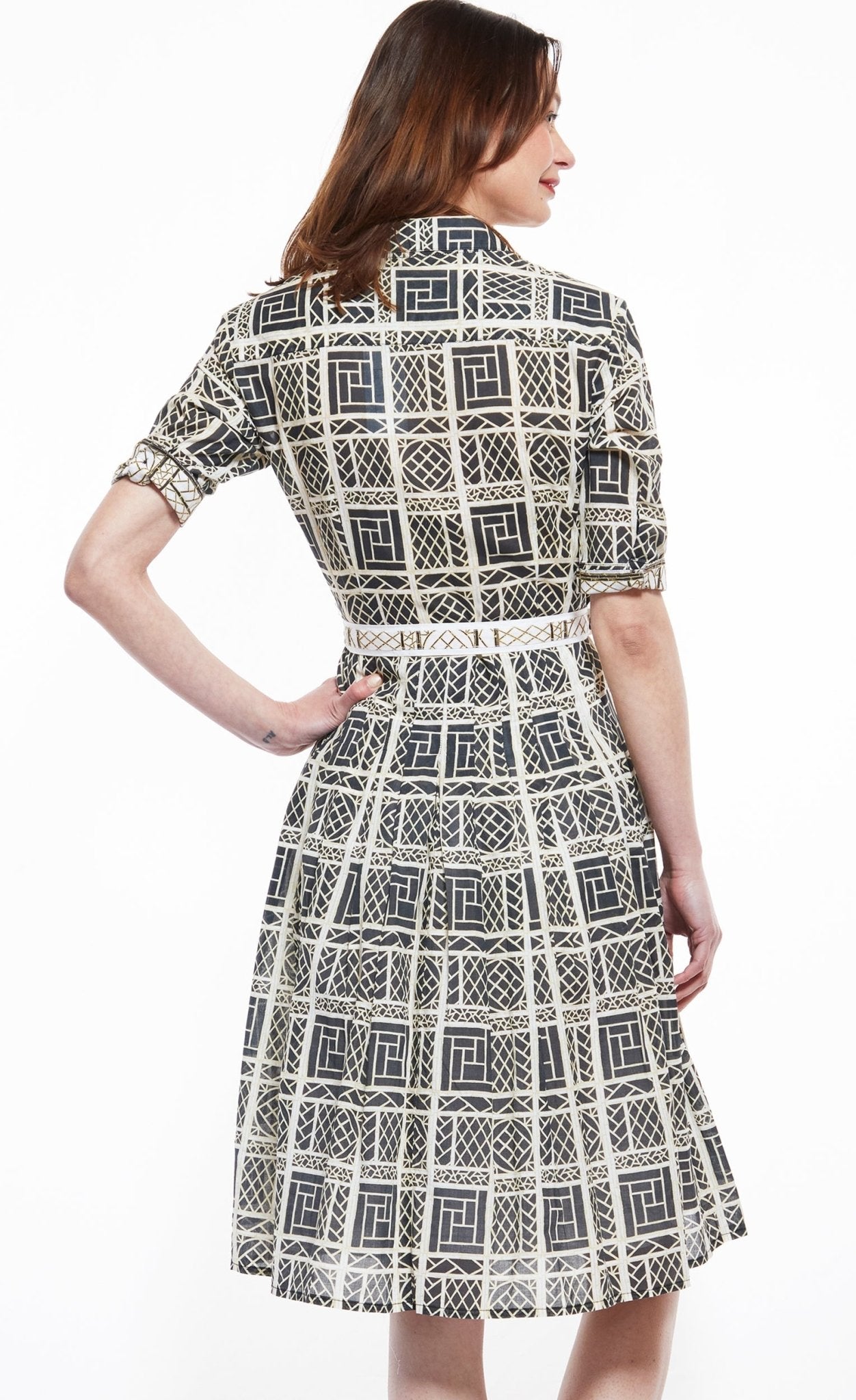 Mrs Maisel Dress In Black And Beige Wicker Print - DIZZY LIZZIE - Banebrook Collections