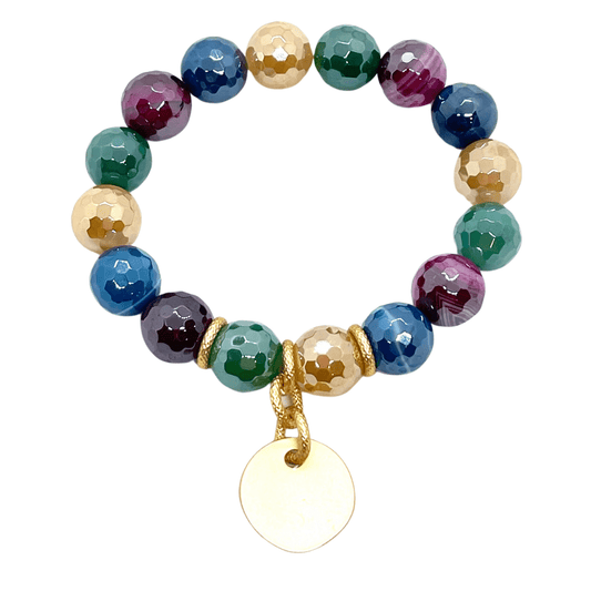 Multi Agate Stretch Bracelet With Matte Gold Charm - DEBORAH GRIVAS - Banebrook Collections