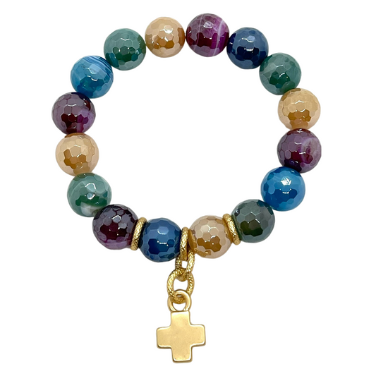 Multi Agate Stretch Bracelet With Matte Gold Cross Charm