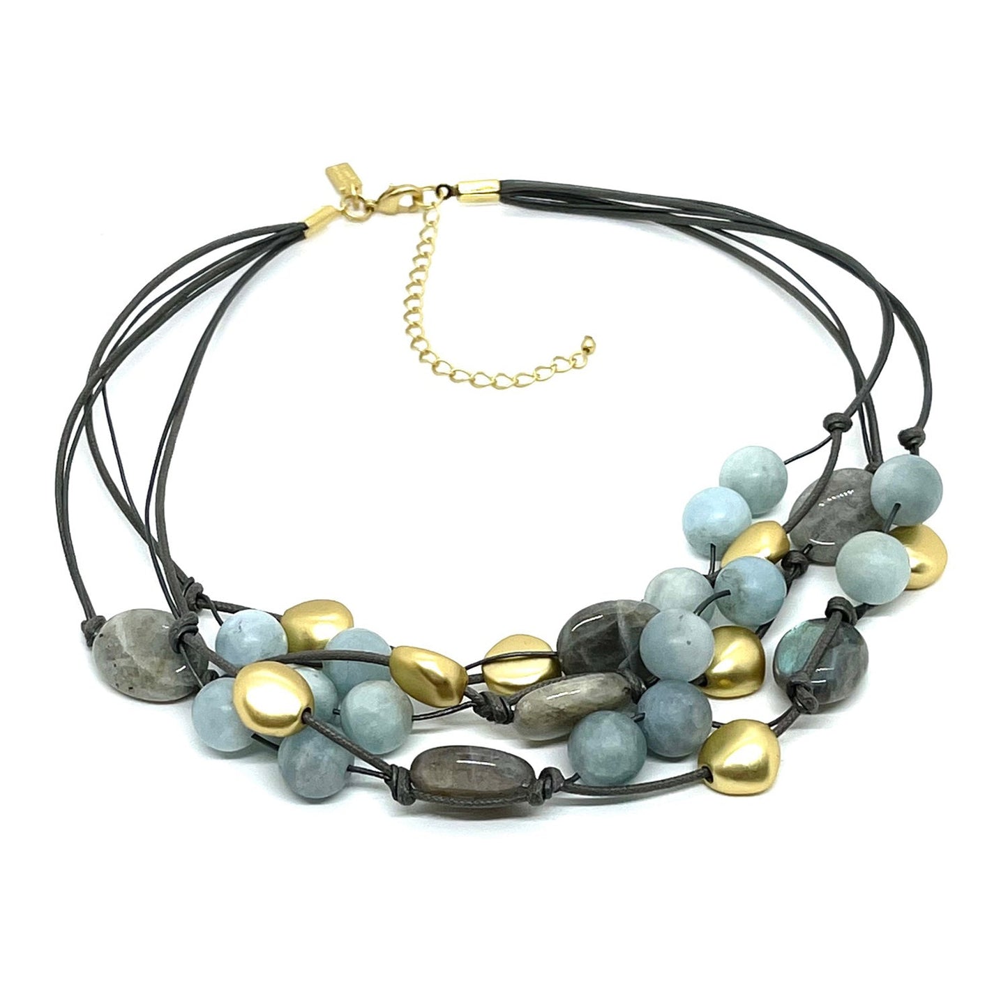 Natural Labradorite And Matte Aquamarine Matte Gold Bead Torsade Necklace - DEBORAH GRIVAS - Banebrook Collections