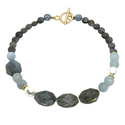 Natural Labradorite, Matte Aquamarine And Mop Necklace - DEBORAH GRIVAS - Banebrook Collections