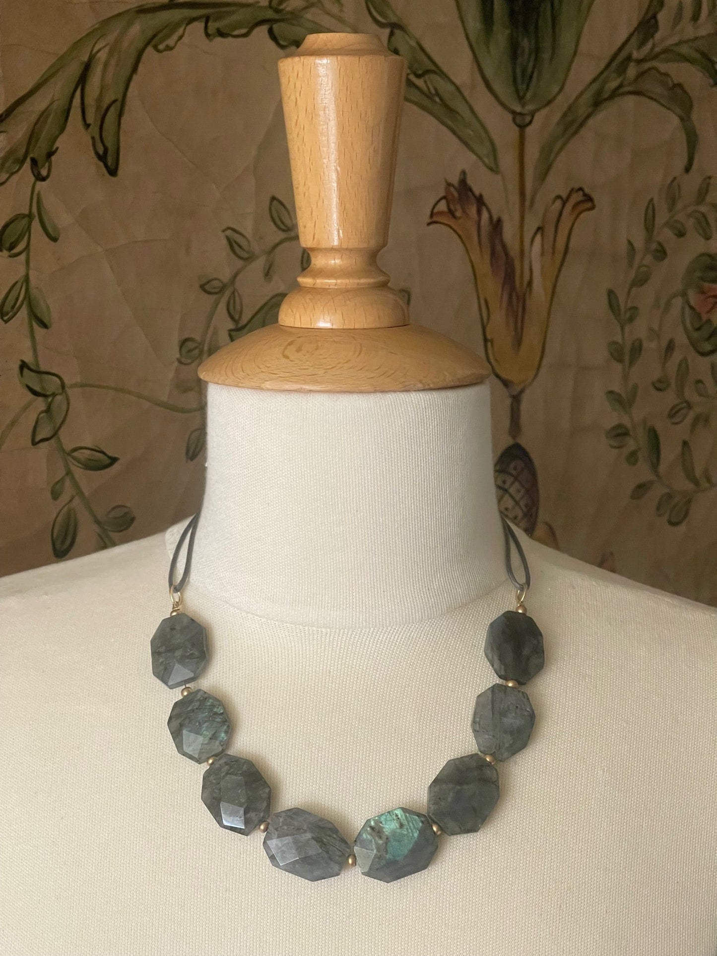 Natural Labradorite On Grey Linen Necklace - DEBORAH GRIVAS - Banebrook Collections