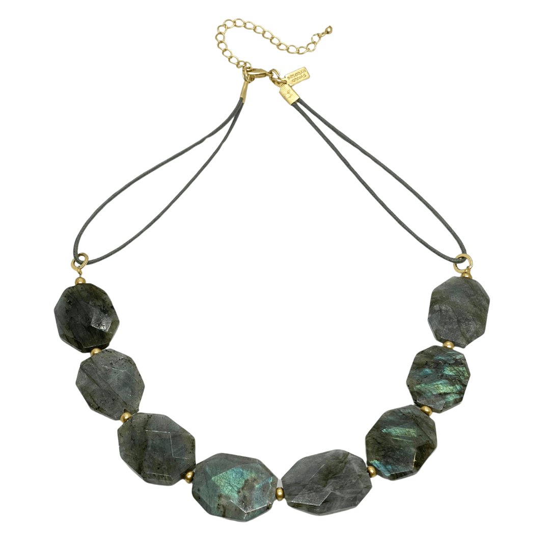 Natural Labradorite On Grey Linen Necklace - DEBORAH GRIVAS - Banebrook Collections