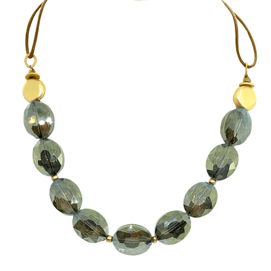 Olive Crystal And Flat Matte Gold Nugget Necklace On Bronze Linen - DEBORAH GRIVAS - Banebrook Collections