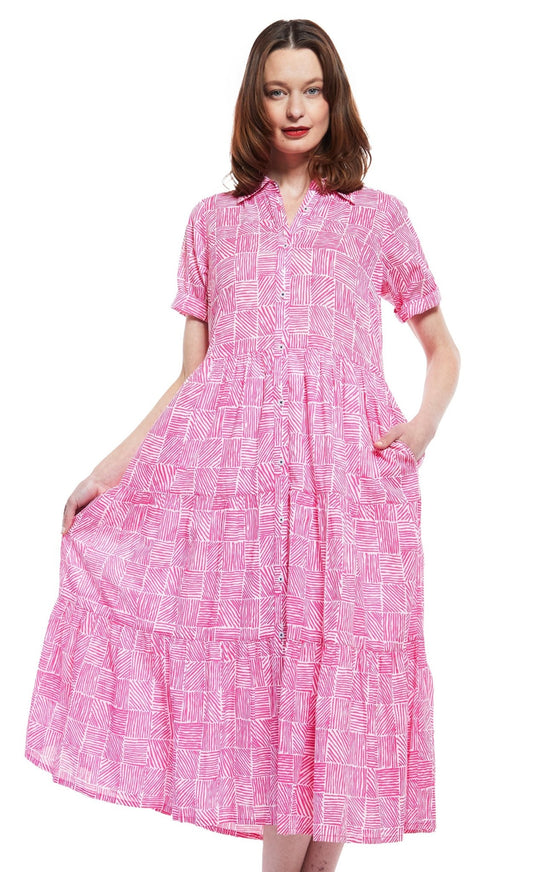 Palm Desert Dress In Fuschia And White Criss Cross Pattern - DIZZY LIZZIE - Banebrook Collections