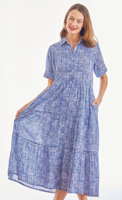 Palm Desert Long Dress, Cotton Voile Navy White Criss Cross Little Boxes - DIZZY LIZZIE - Banebrook Collections