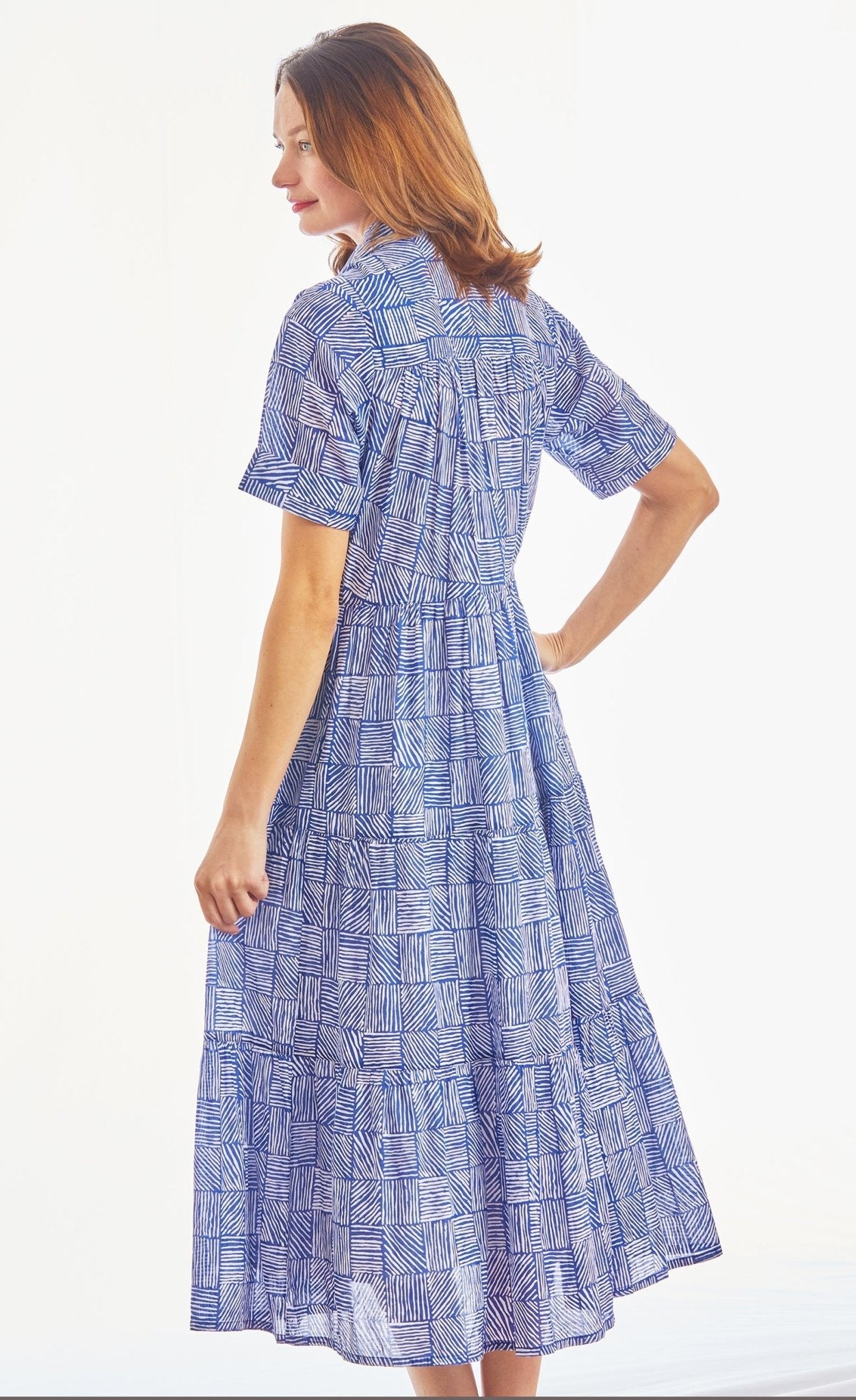 Palm Desert Long Dress, Cotton Voile Navy White Criss Cross Little Boxes - DIZZY LIZZIE - Banebrook Collections