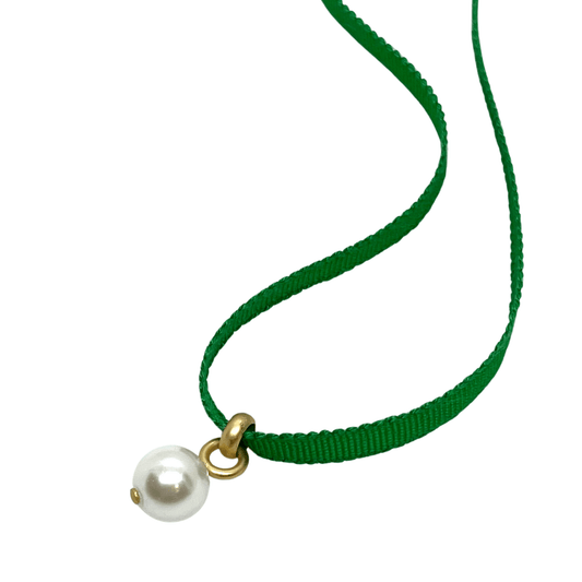 Pearl Pendant On Green Grosgrain Ribbon Necklace - DEBORAH GRIVAS - Banebrook Collections