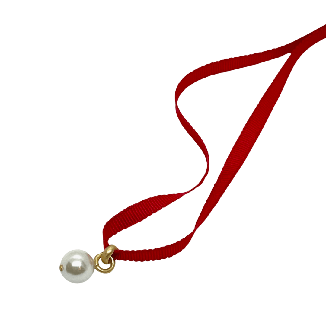 Pearl Pendant On Red Grosgrain Ribbon Necklace - DEBORAH GRIVAS - Banebrook Collections