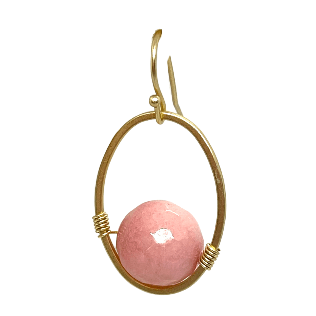 Pink Coral Jade And Matte Gold Wire Wrap Oval Earrings - DEBORAH GRIVAS - Banebrook Collections