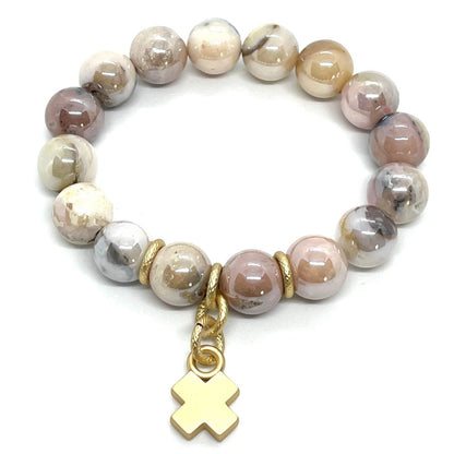 Natural Opal Matte Gold X Charm Stretch Bracelet