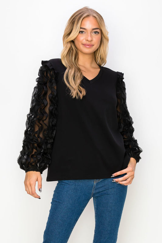 Rhonda Pointe Top With Mesh Lace Swirls - JOH APPAREL - Banebrook Collections