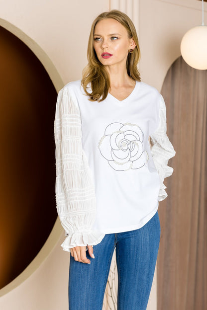 Riley Top with Lace, Embroidery & Pearls - JOH APPAREL - Banebrook Collections