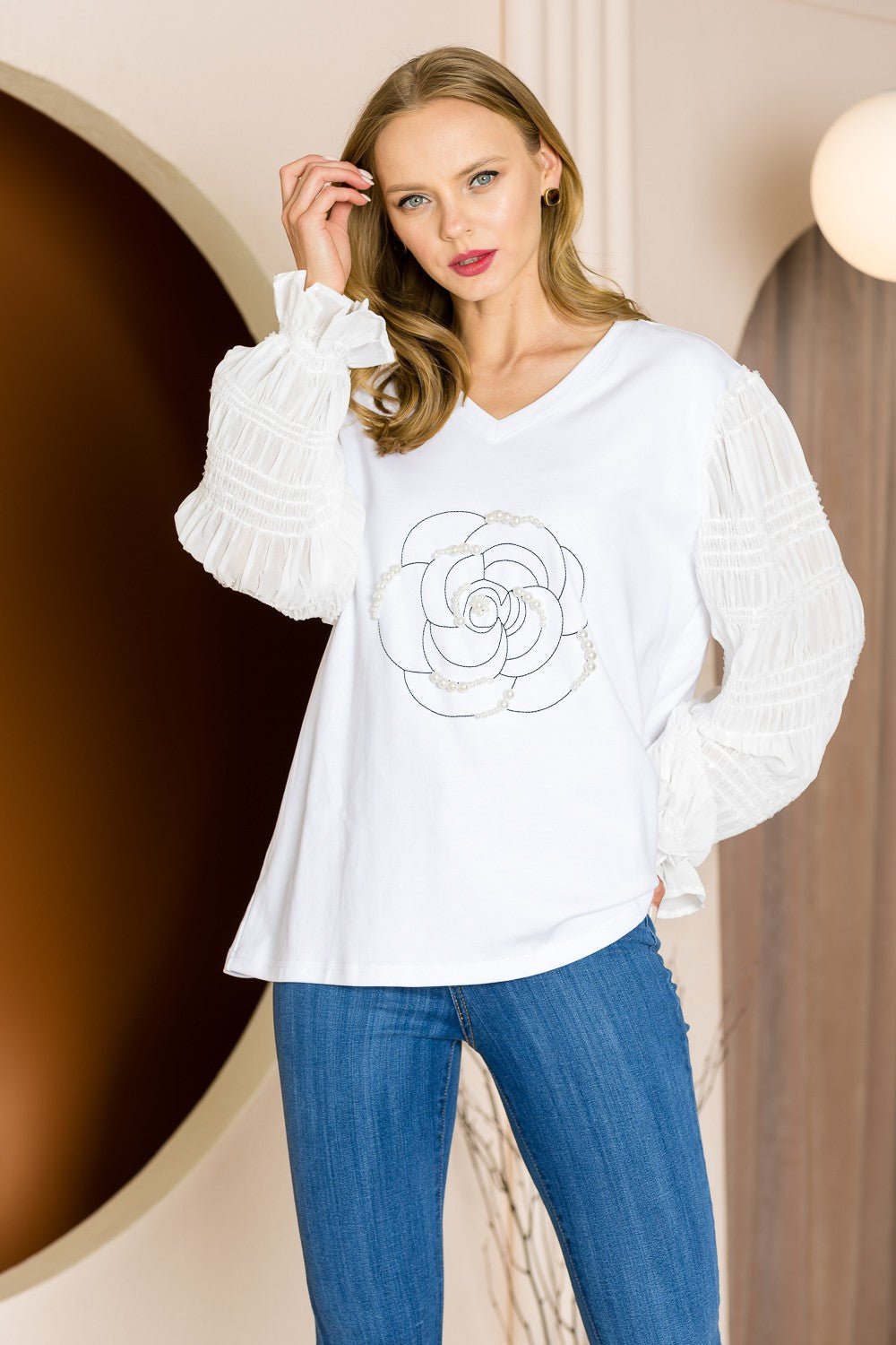 Riley Top with Lace, Embroidery & Pearls - JOH APPAREL - Banebrook Collections