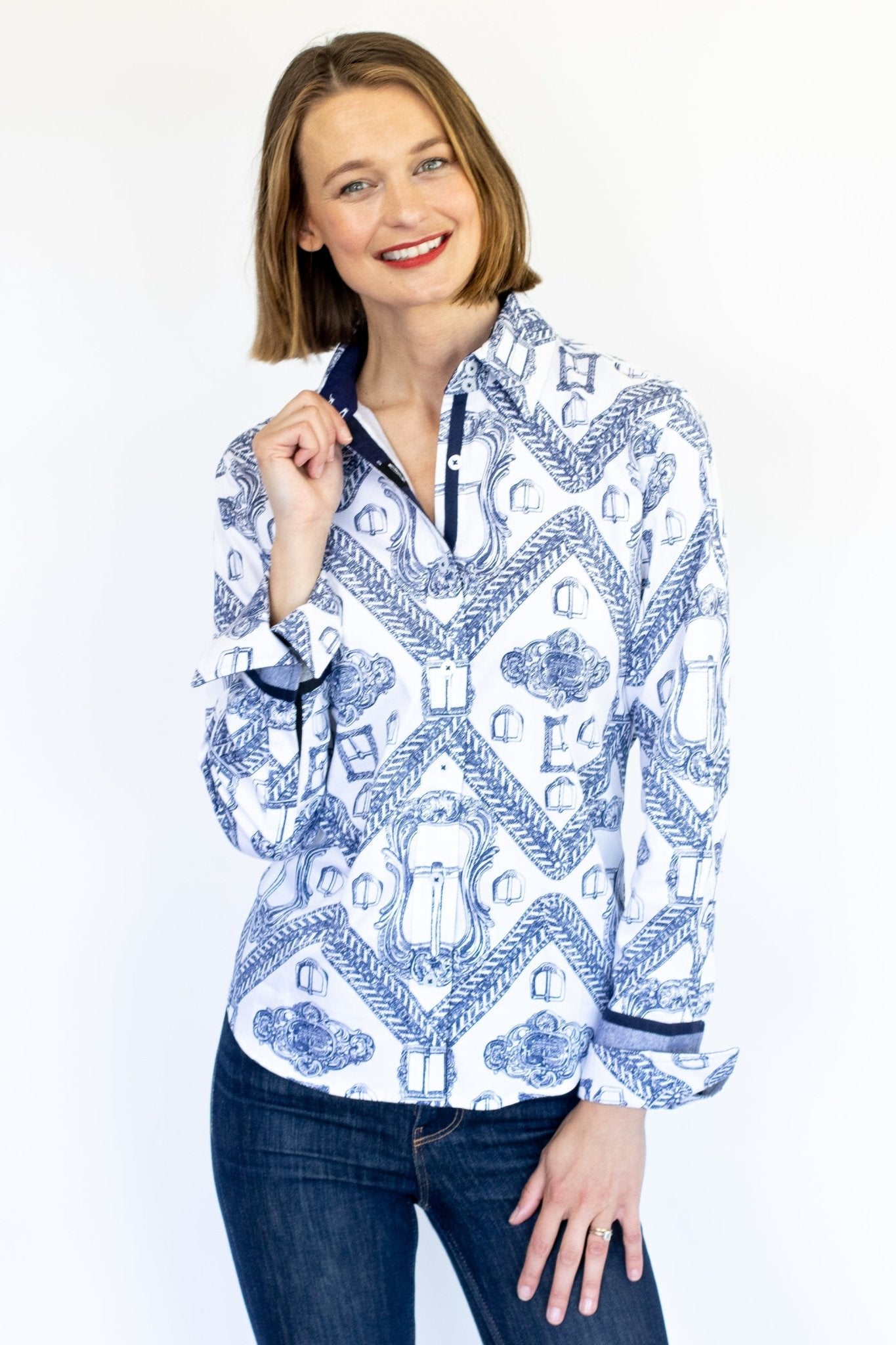 Rome Shirt Oversized Buckle Print Indigo And White - DIZZY LIZZIE - Banebrook Collections