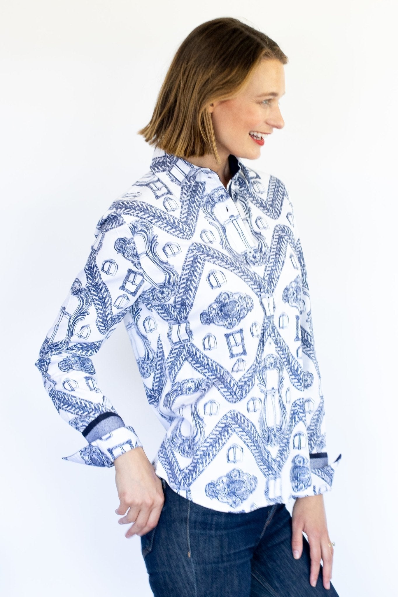 Rome Shirt Oversized Buckle Print Indigo And White - DIZZY LIZZIE - Banebrook Collections