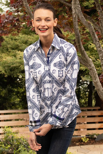 Rome Shirt Oversized Buckle Print Indigo And White - DIZZY LIZZIE - Banebrook Collections