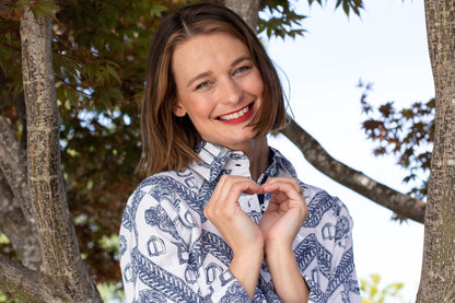 Rome Shirt Oversized Buckle Print Indigo And White - DIZZY LIZZIE - Banebrook Collections