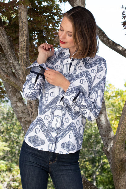 Rome Shirt Oversized Buckle Print Indigo And White - DIZZY LIZZIE - Banebrook Collections