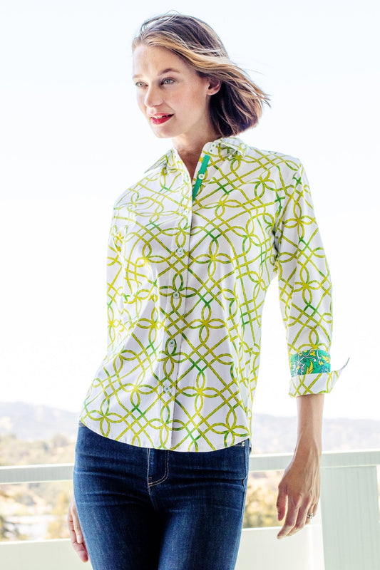 Rome Shirt With 3/4 Sleeve Green And White Geo - DIZZY LIZZIE - Banebrook Collections