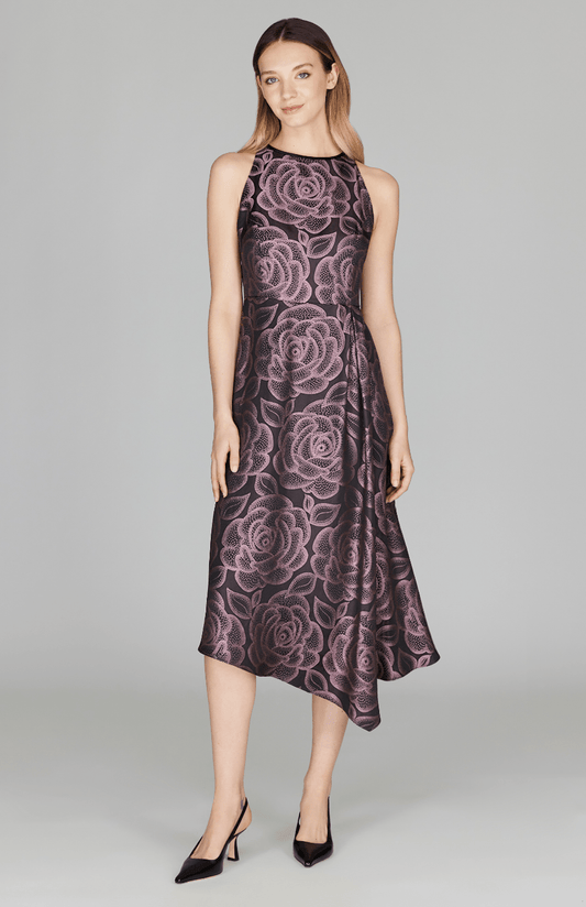 Rose Dot Jacquard Asymmetric Fit & Flare Dress - Mi Jong Lee - Banebrook Collections