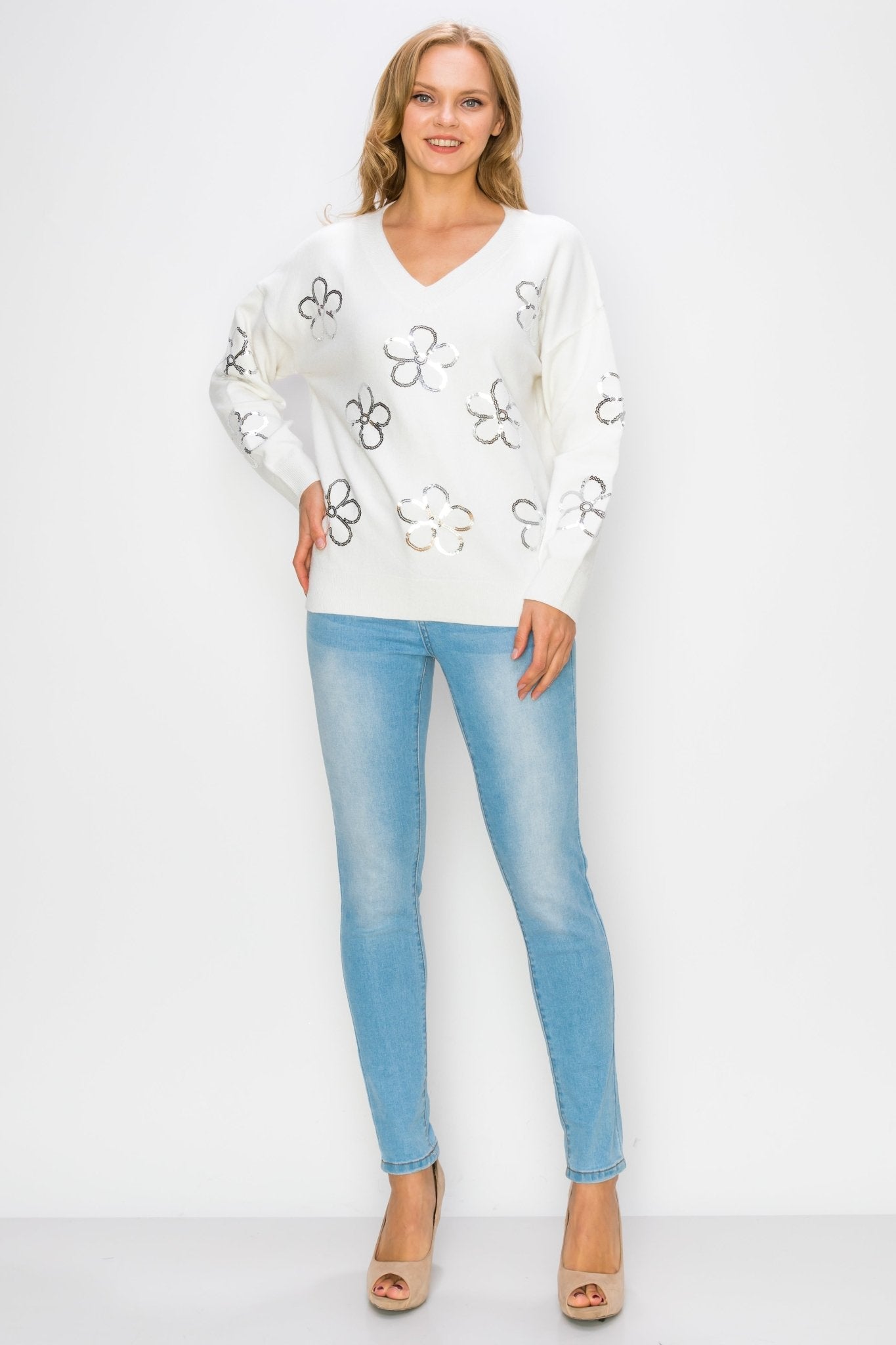 Sakura Knitted Sequin Flower Top - JOH APPAREL - Banebrook Collections