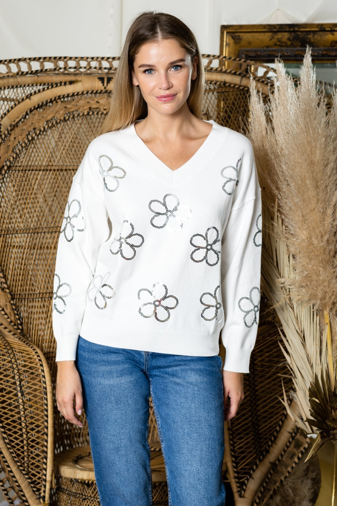 Sakura Knitted Sequin Flower Top - JOH APPAREL - Banebrook Collections