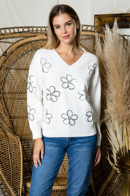 Sakura Knitted Sequin Flower Top - JOH APPAREL - Banebrook Collections