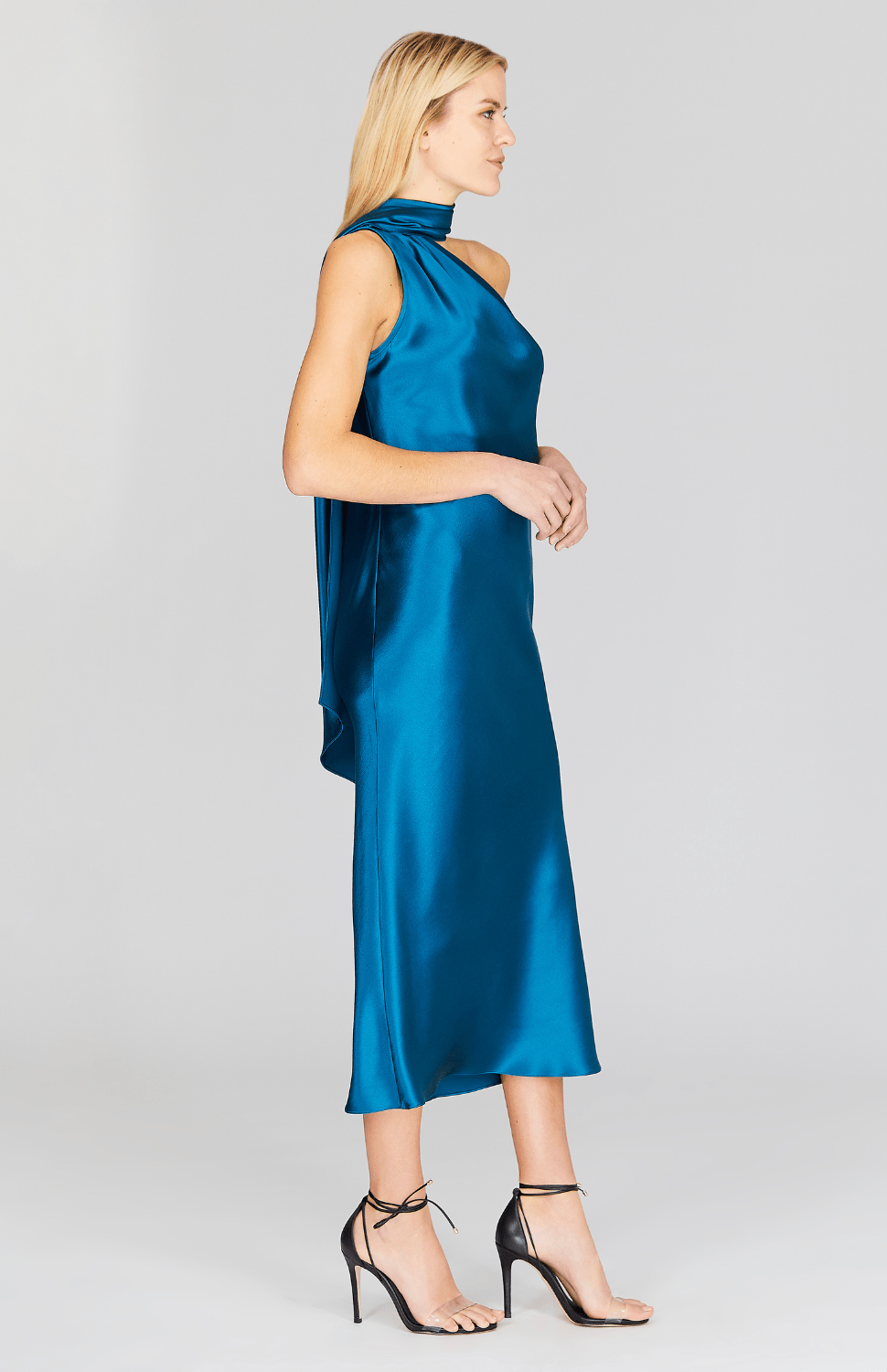 Satin One Shoulder Bias Dress W/ Scarf - Mi Jong Lee - Banebrook Collections