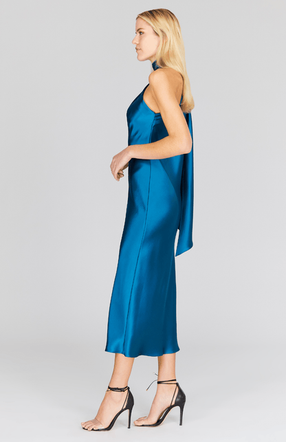 Satin One Shoulder Bias Dress W/ Scarf - Mi Jong Lee - Banebrook Collections