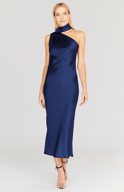 Satin One Shoulder Bias Dress W/ Scarf - Mi Jong Lee - Banebrook Collections