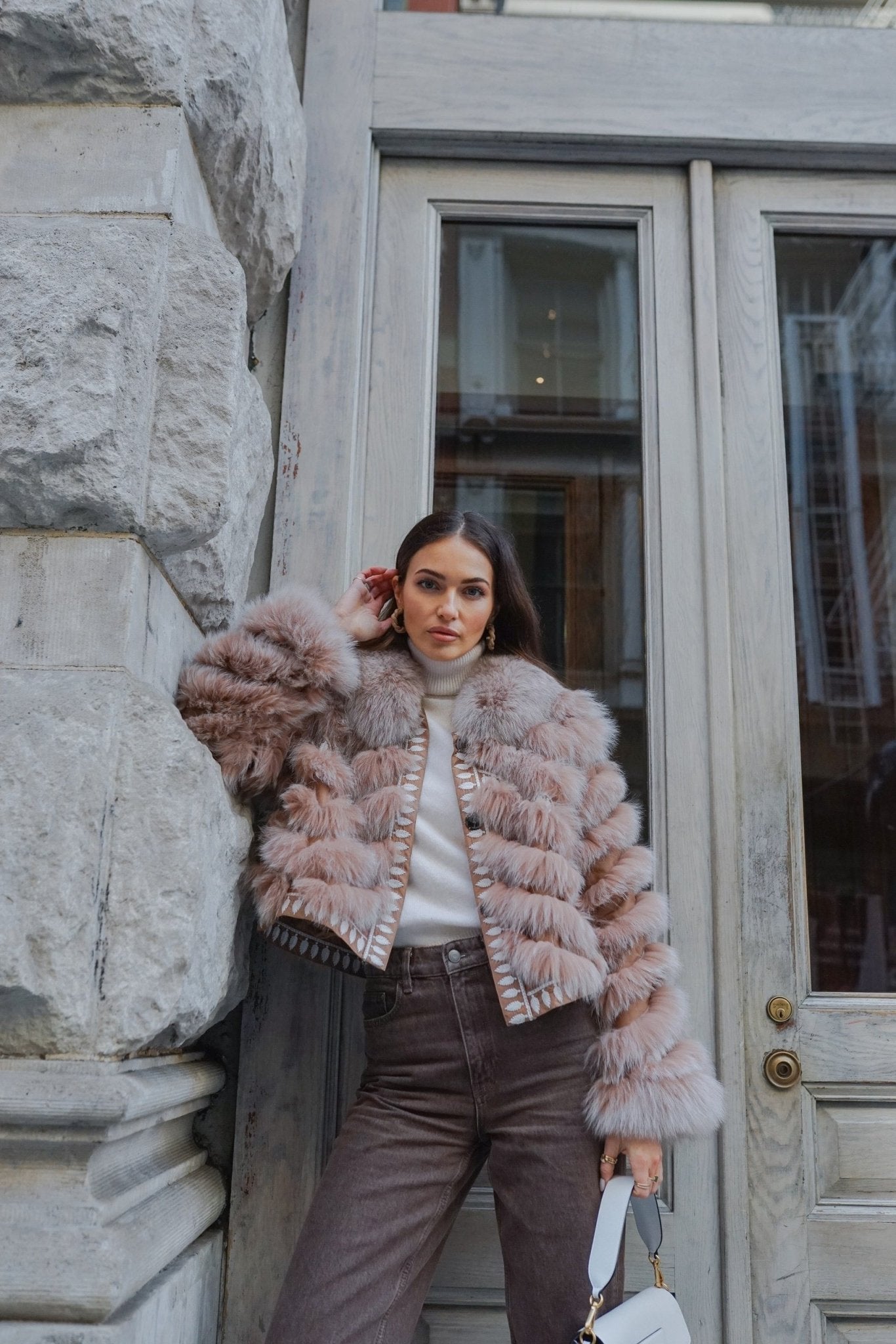 Silk Reversible Embroidered Fur Bomber In Vicuna Snowtop - DÍOMÍ - Banebrook Collections