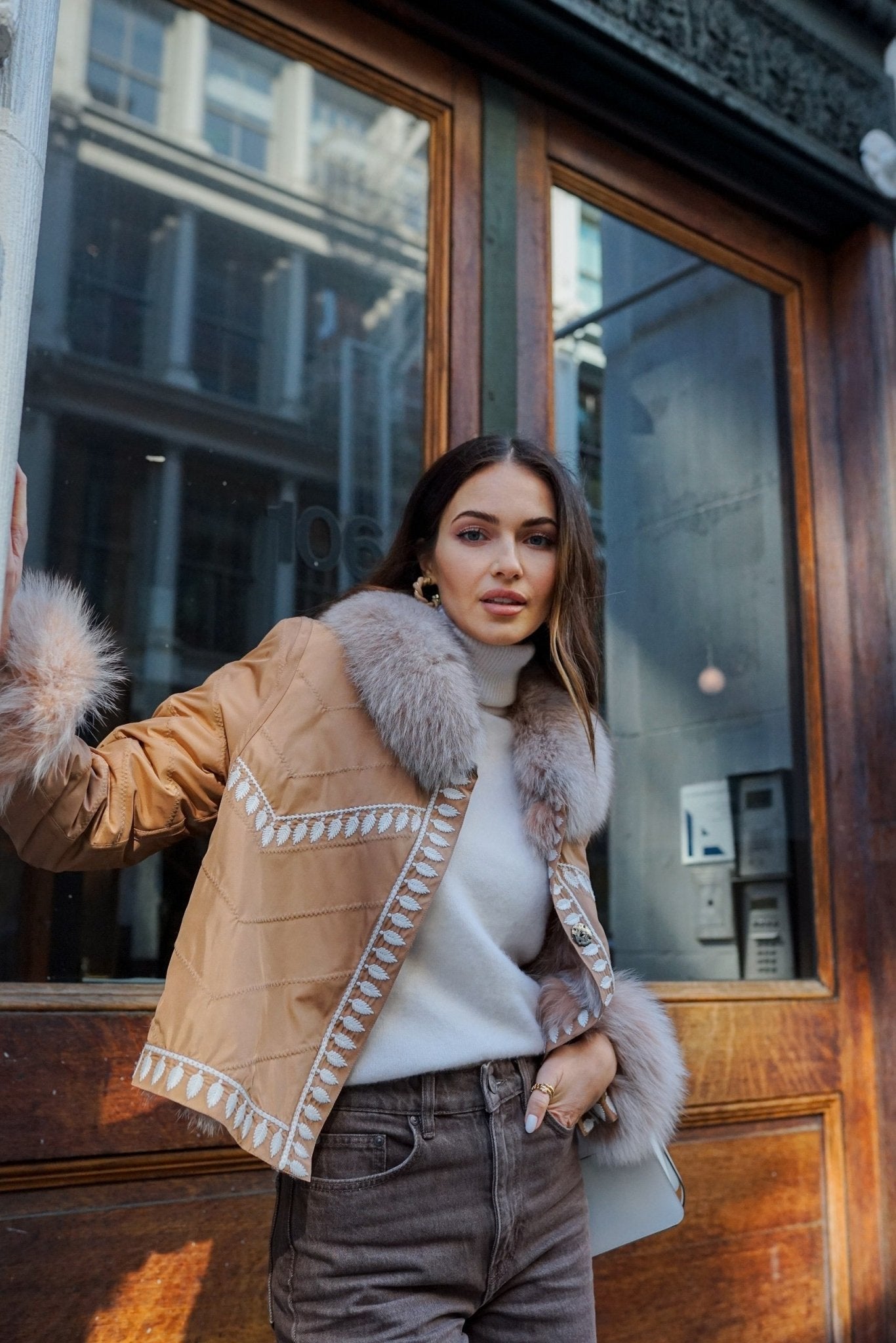 Silk Reversible Embroidered Fur Bomber In Vicuna Snowtop - DÍOMÍ - Banebrook Collections