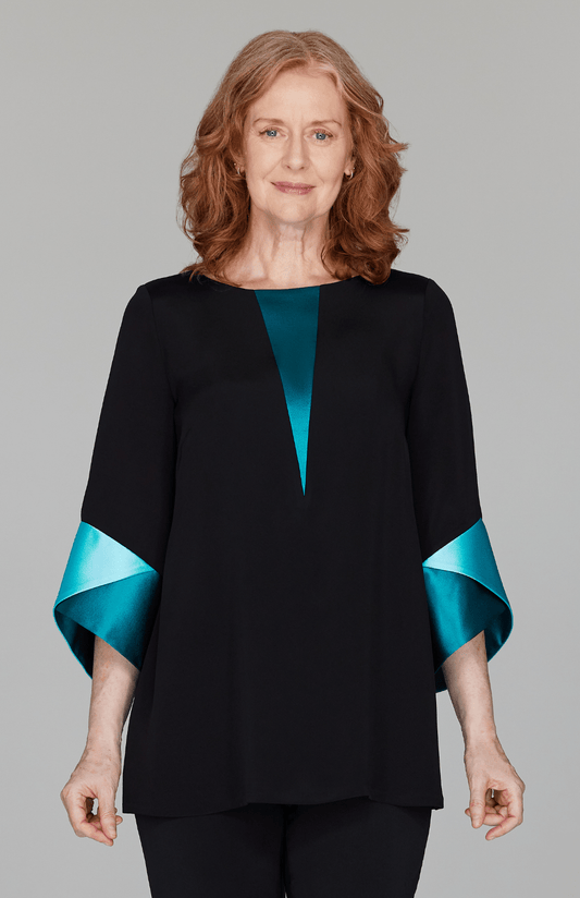 Silk Tunic w/Contrast Satin Color Block Sleeves & V Inset - Emmelle - Banebrook Collections