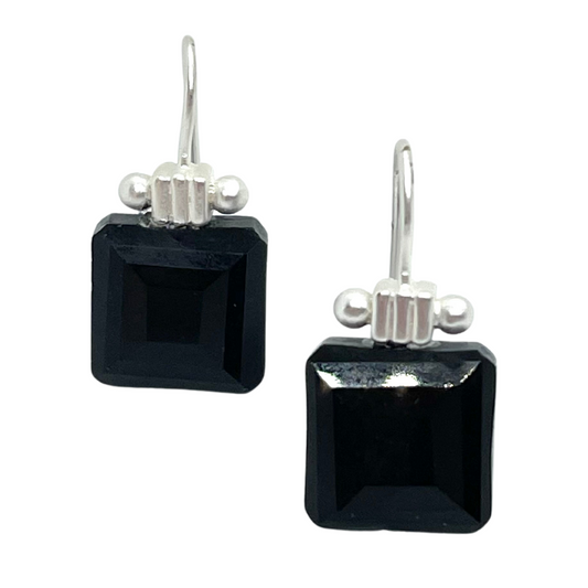 Square Black Crystal Matte Silver Column Earrings