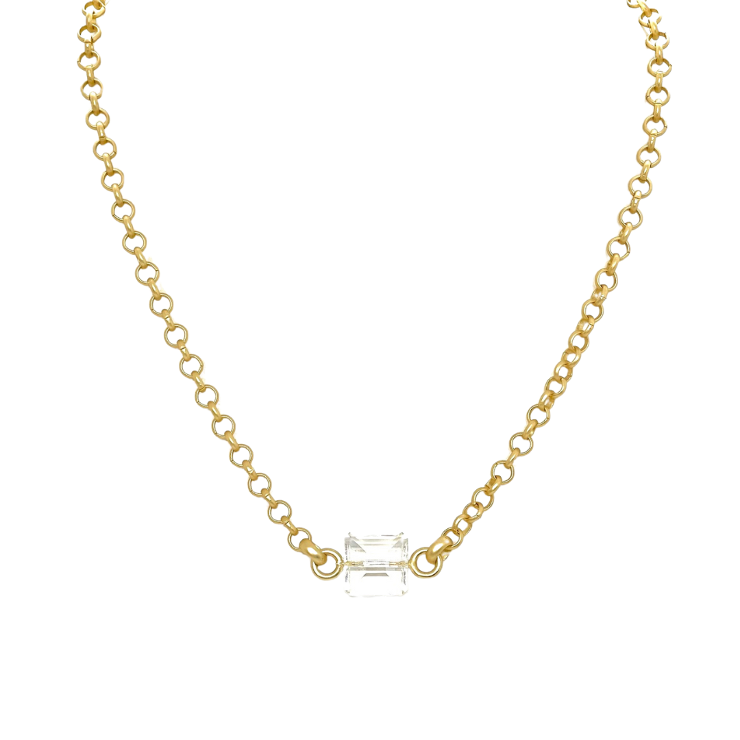 Square Clear Crystal On Matte Gold Chain Necklace