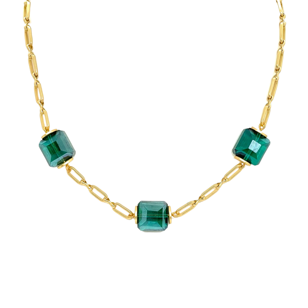 Square Emerald Green Crystals On Matte Gold Chain