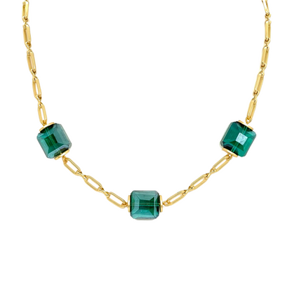 Square Emerald Green Crystals On Matte Gold Chain