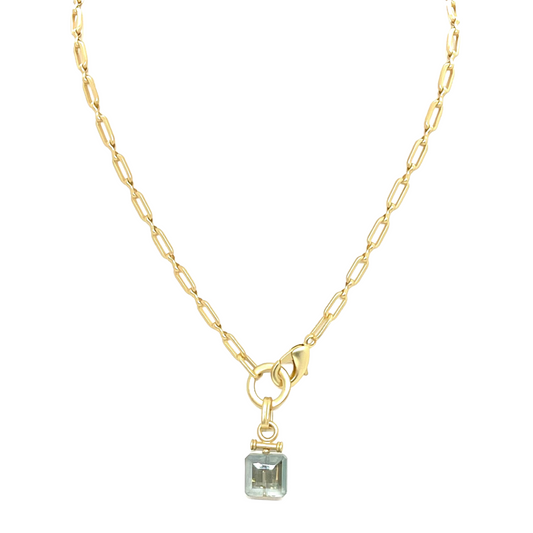 Square Olive Crystal Front Closure Necklace On Matte Gold Chain